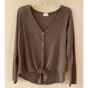 Green tie front button-up v-neck cardigan sweater